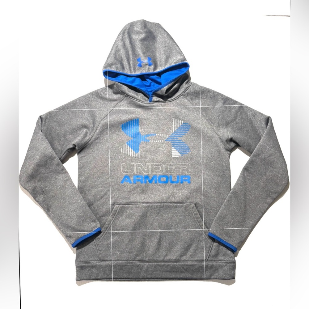 UNDER ARMOUR ColdGear Hoodie Fleece Big Logo Pocket Gray Blue Boy’s Size Youth L